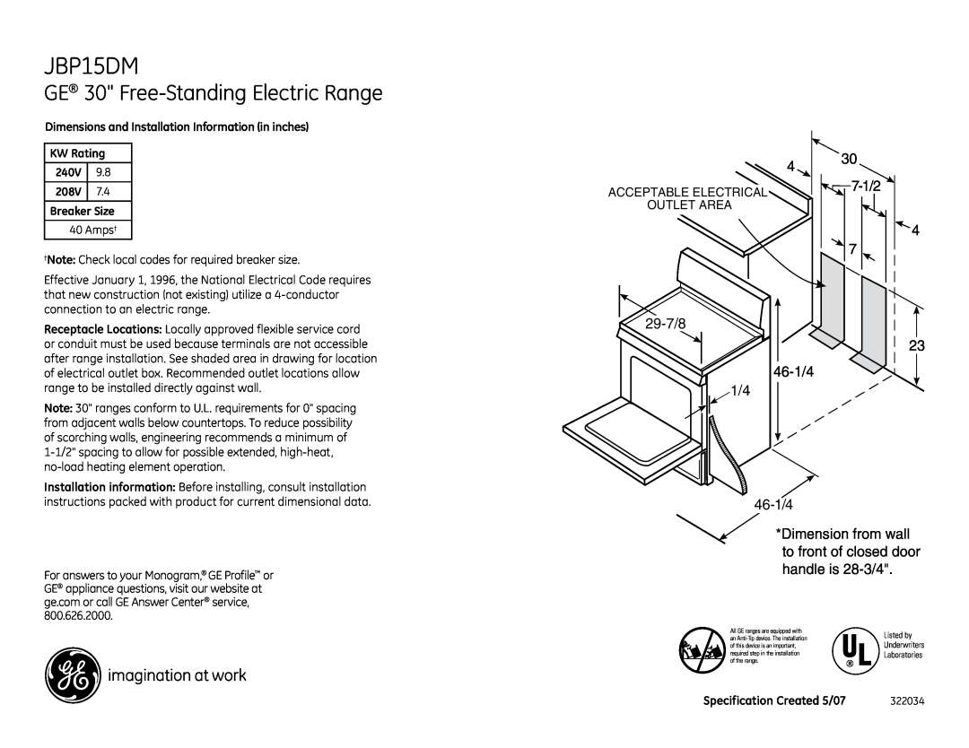 GE JBP15DMCC installation instructions GE 30 Free-Standing Electric Range, 7-1/2, 29-7/8, 46-1/4 1/4 46-1/4, 240V, 208V 