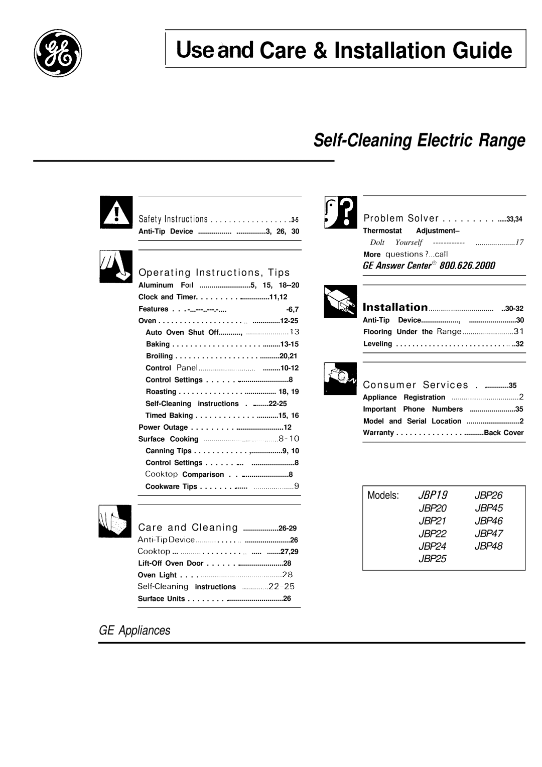 GE JBP20, JBP19, JBPA48 warranty Useand Care & Installation Guide 