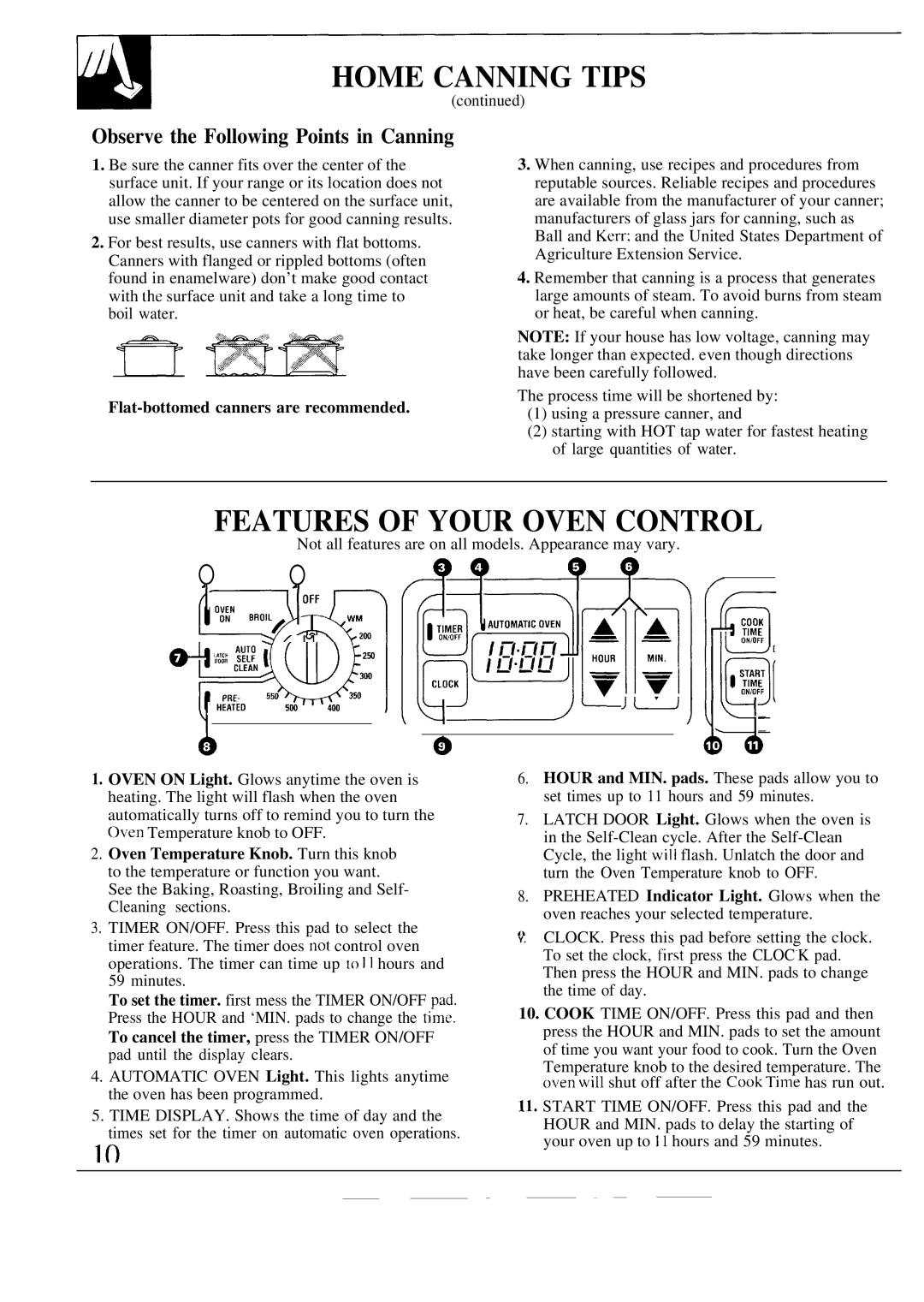 GE JBP20 Features of Your Oven Control, Observe the Following Points in Canning, Flat-bottomed canners are recommended 