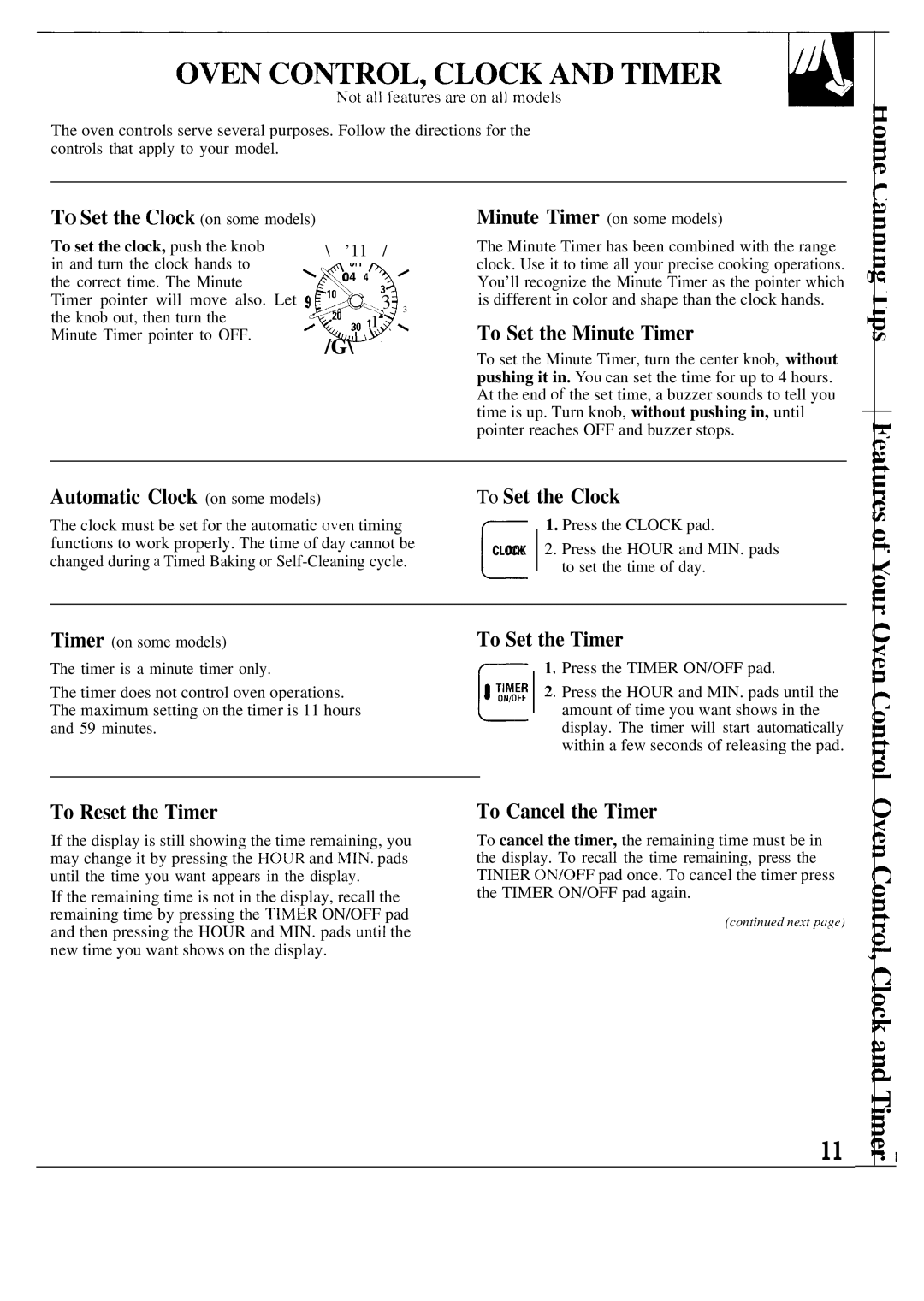 GE JBPA48 To Set the Minute Timer, Automatic Clock on some models, To Set the Clock, To Set the Timer, To Reset the Timer 