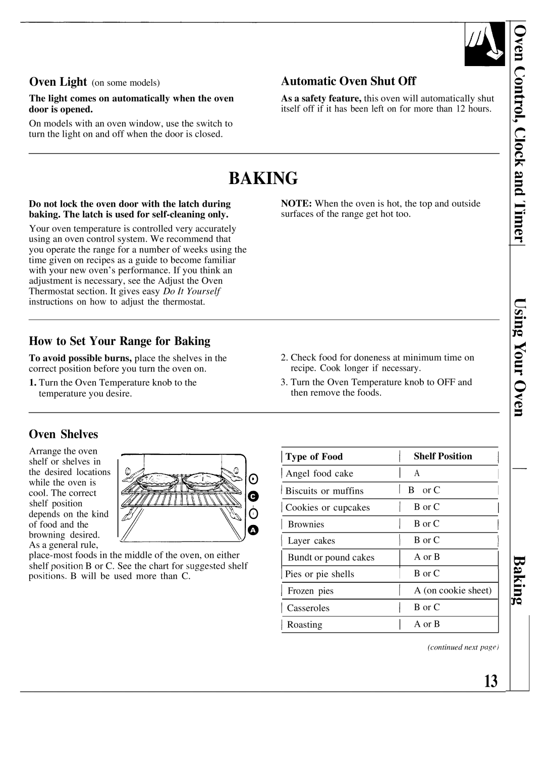 GE JBP20, JBP19, JBPA48 warranty Automatic Oven Shut Off, How to Set Your Range for Baking, Type of Food Shelf Position 