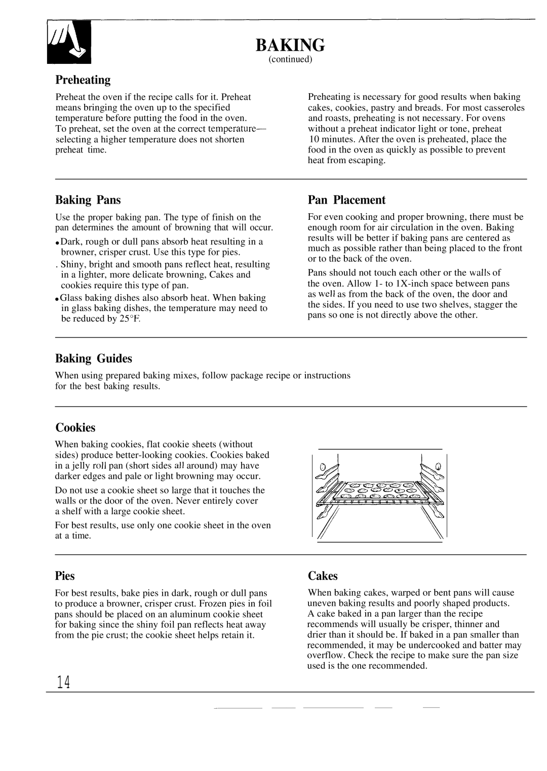 GE JBPA48, JBP19, JBP20 warranty Preheating, Baking Pans, Pan Placement, Baking Guides, Cookies, Pies, Cakes 