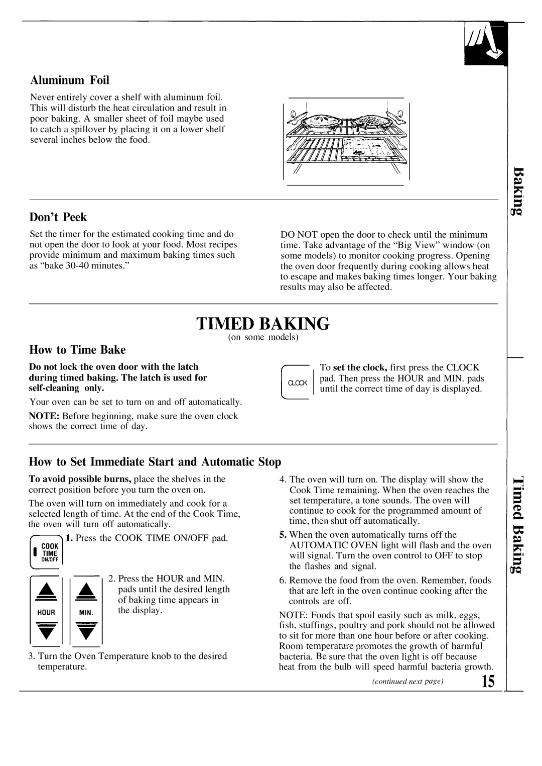 GE JBP19, JBP20 Tinied Baking, Aluminum Foil, Don’t Peek, How to Time Bake, How to Set Immediate Start and Automatic Stop 
