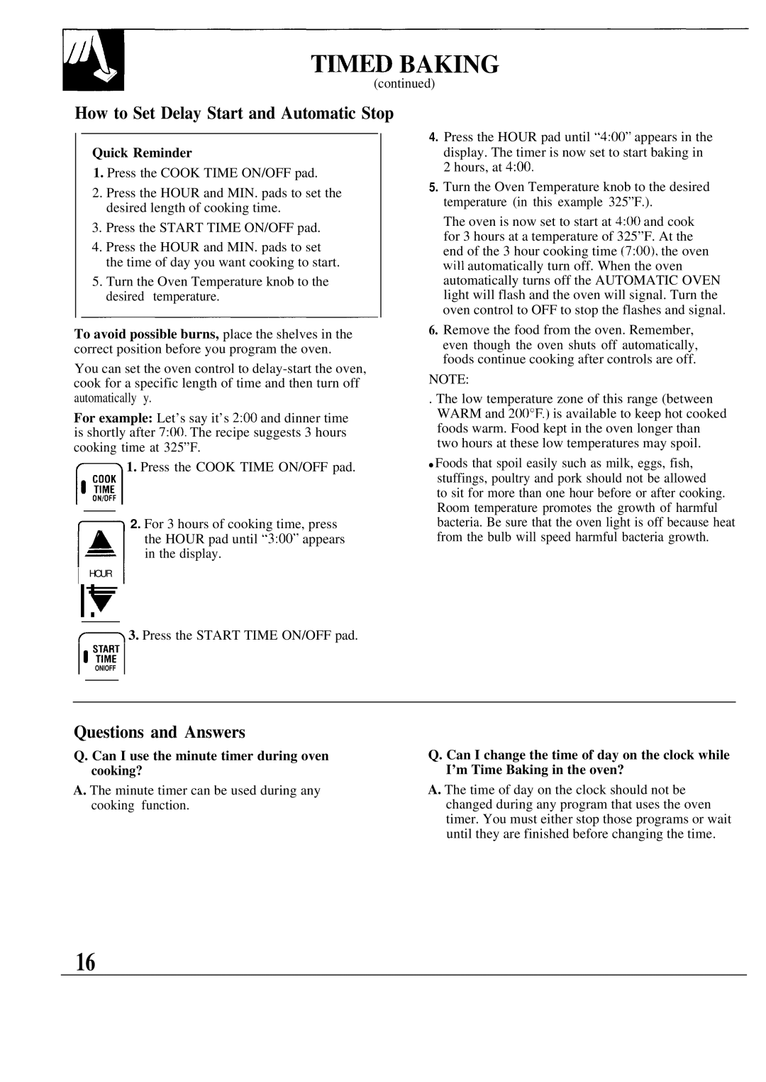 GE JBP20, JBP19, JBPA48 Tiimed Baking, How to Set Delay Start and Automatic Stop, Questions and Answers, Quick Reminder 