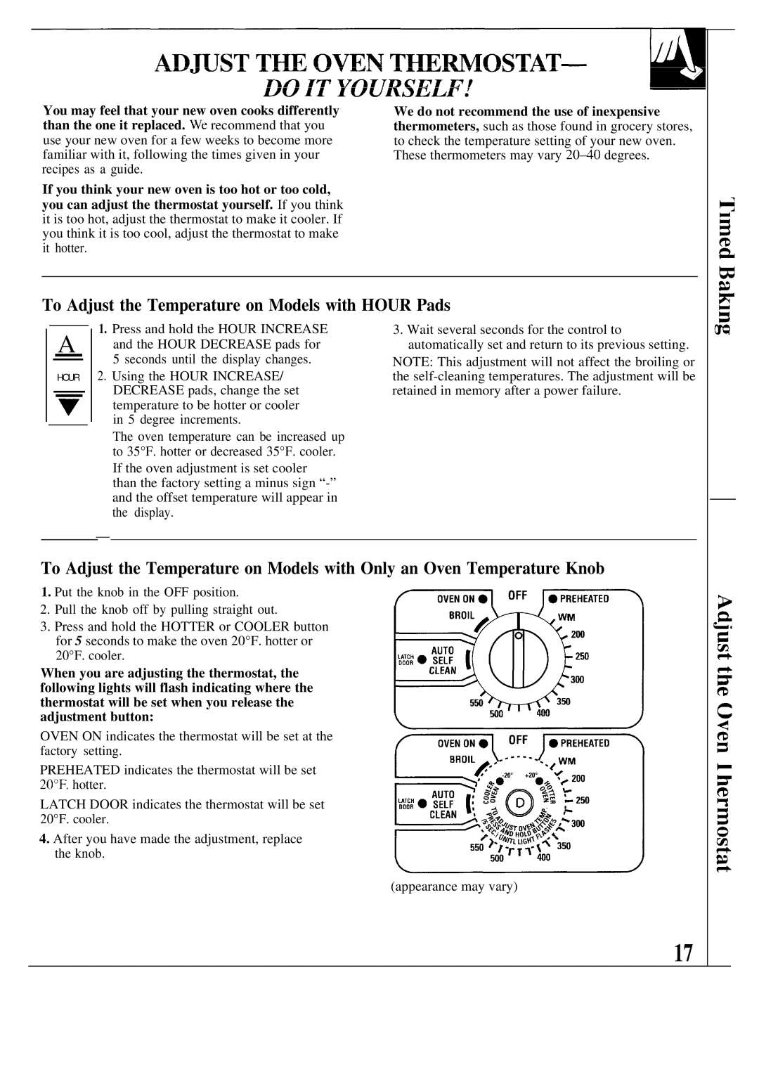 GE JBPA48, JBP19, JBP20 warranty To Adjust the Temperature on Models with Hour Pads 