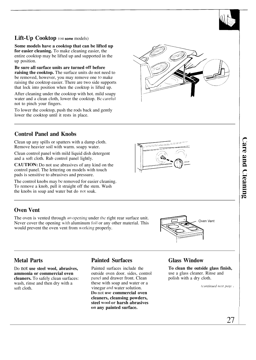 GE JBP19 Lift-Up Cooktop on some models, Control Panel and Knobs, Oven Vent, Metal Parts, Painted Surfaces, Glass Window 