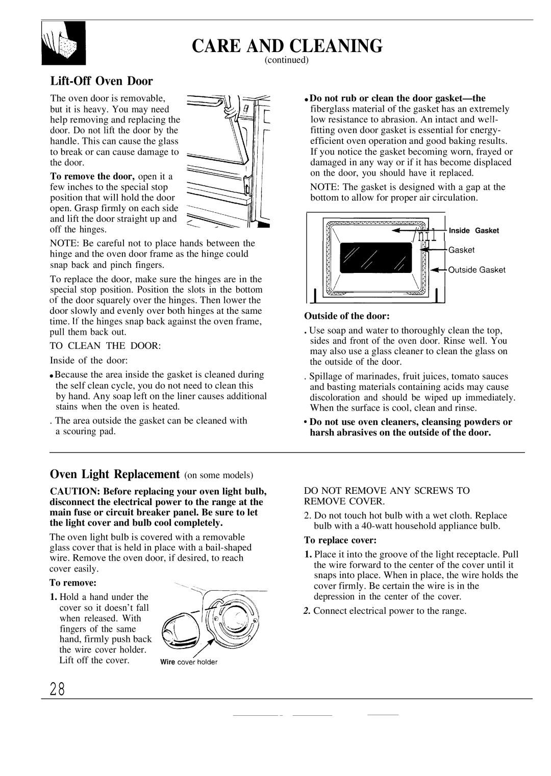 GE JBP20, JBP19, JBPA48 warranty Lift-Off Oven Door, Oven Light Replacement on some models 