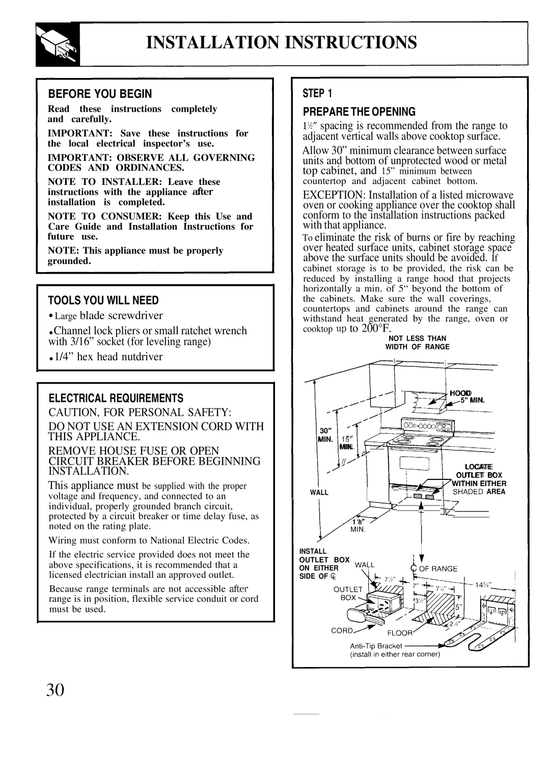 GE JBP19, JBP20, JBPA48 warranty Installation Instructions, Large blade screwdriver, Hex head nutdriver, Cooktop UP to 200F 