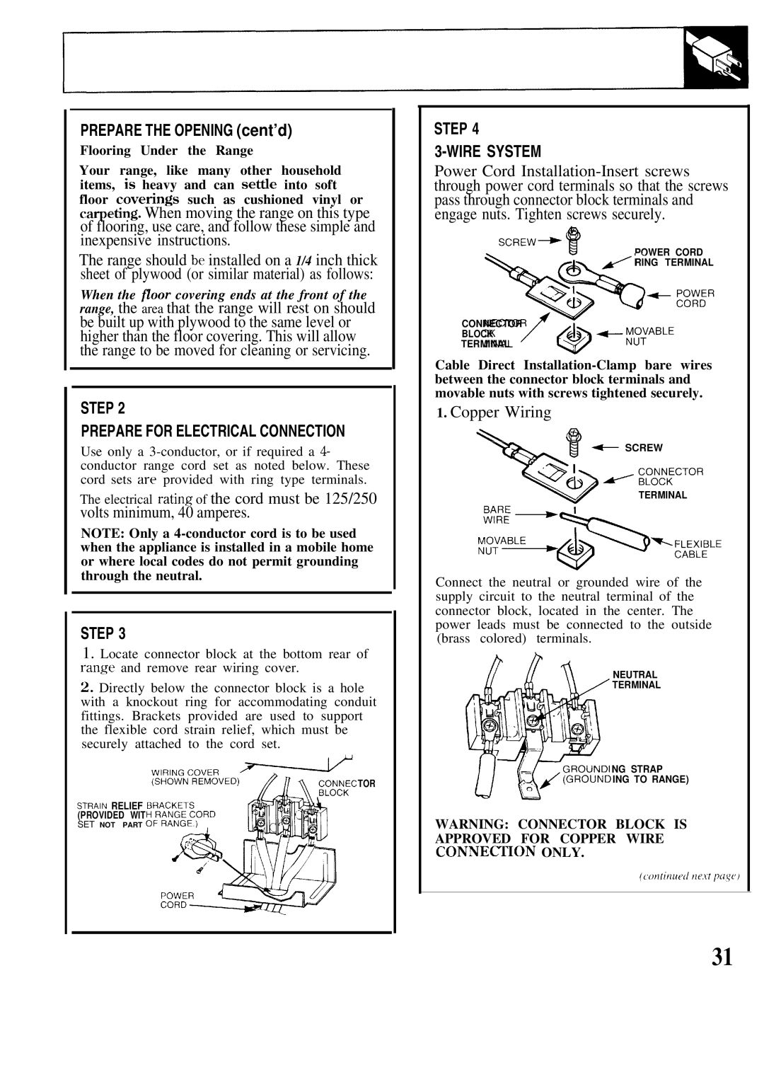 GE JBP20, JBP19, JBPA48 warranty Volts minimum, 40 amperes, Copper Wiring 