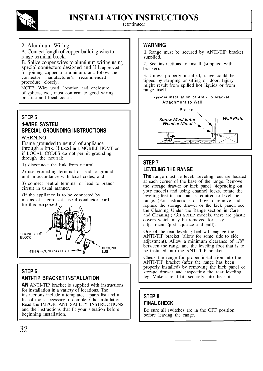 GE JBPA48, JBP19, JBP20 warranty Step Wire System Special Grounding Instructions 