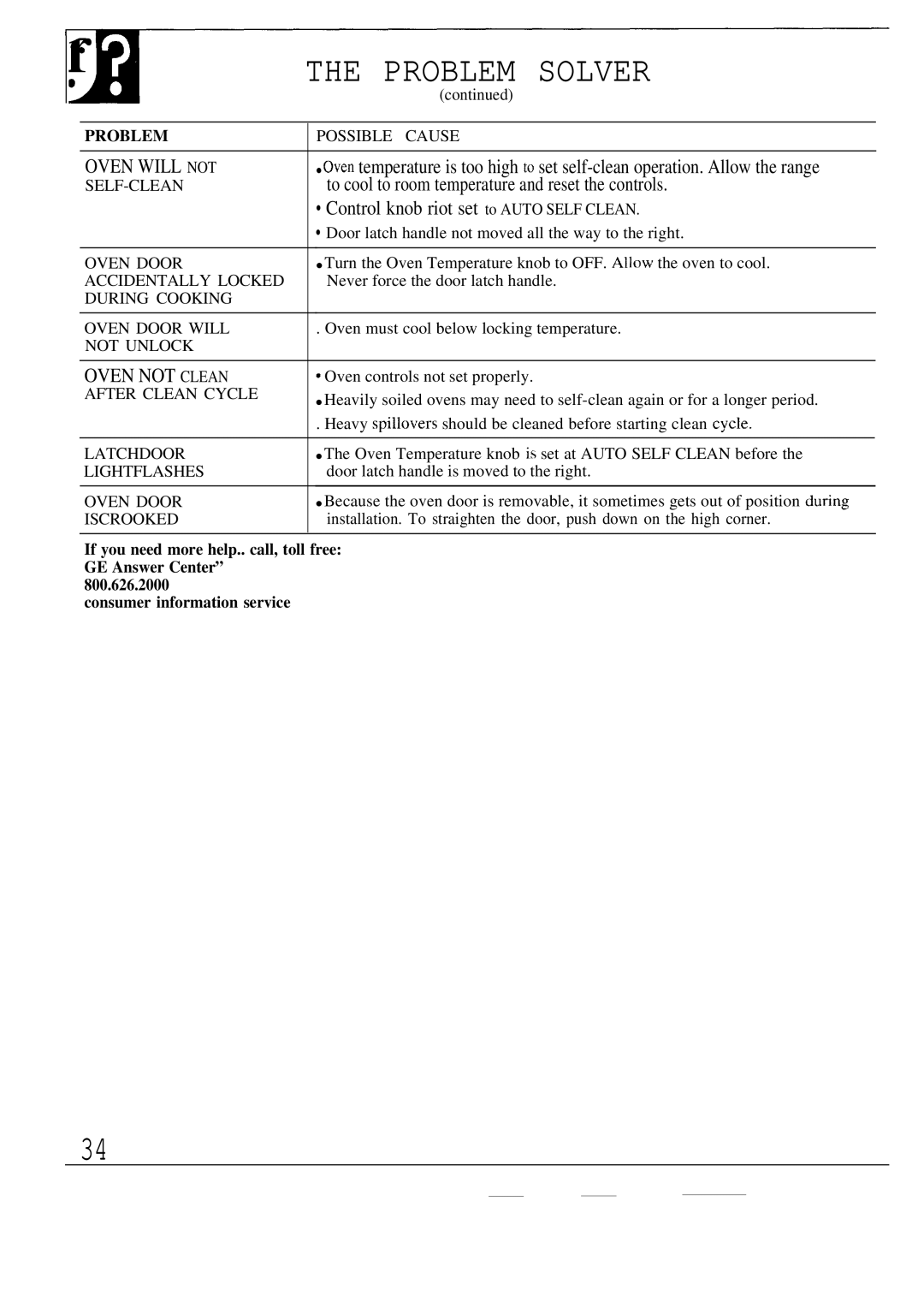 GE JBP20, JBP19, JBPA48 warranty To cool to room temperature and reset the controls, Control knob riot set to Auto Self Clean 