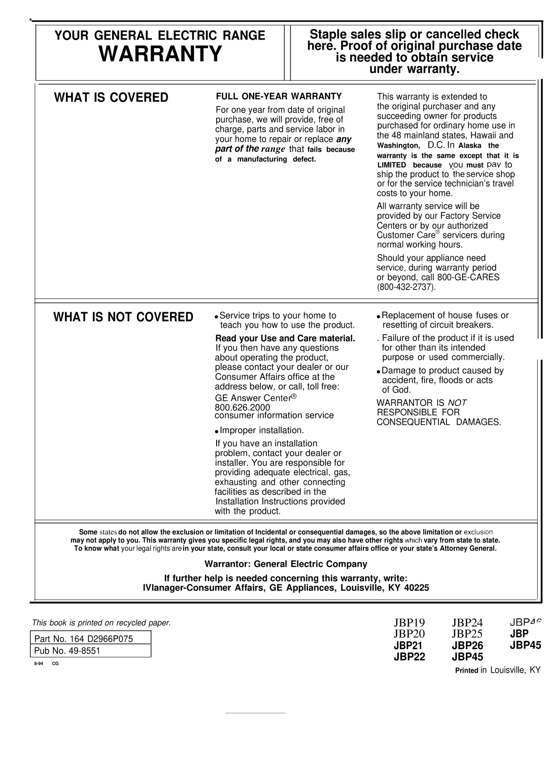 GE JBP19, JBP20, JBPA48 warranty Warranty 