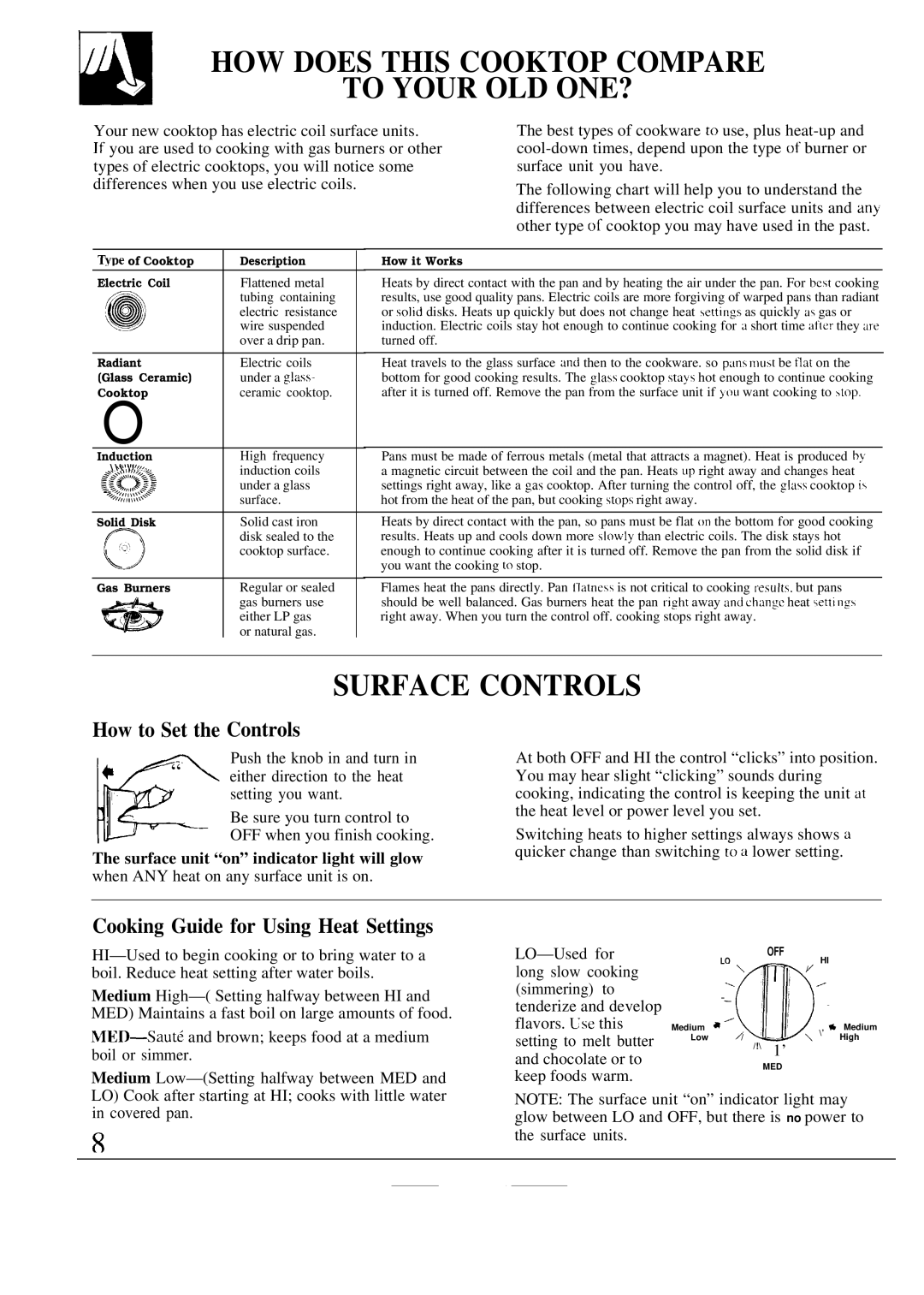 GE JBPA48, JBP19, JBP20 warranty HOW does this Cooktop Compare To Your OLD ONE?, Surface Controls, How to Set the Controls 