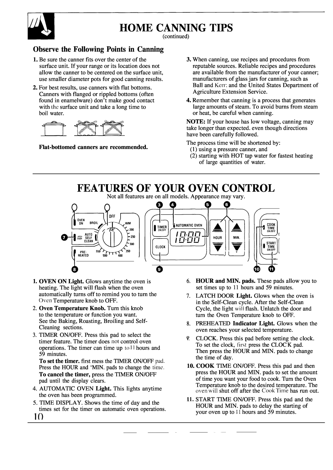 GE JBP20, JBP19, JBPA48 Features Of Your Oven Control, pmqJ,TT, Observe the Following Points in Canning, Home Canning Tips 