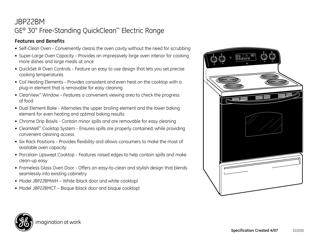 GE JBP22BM installation instructions Features and Benefits 