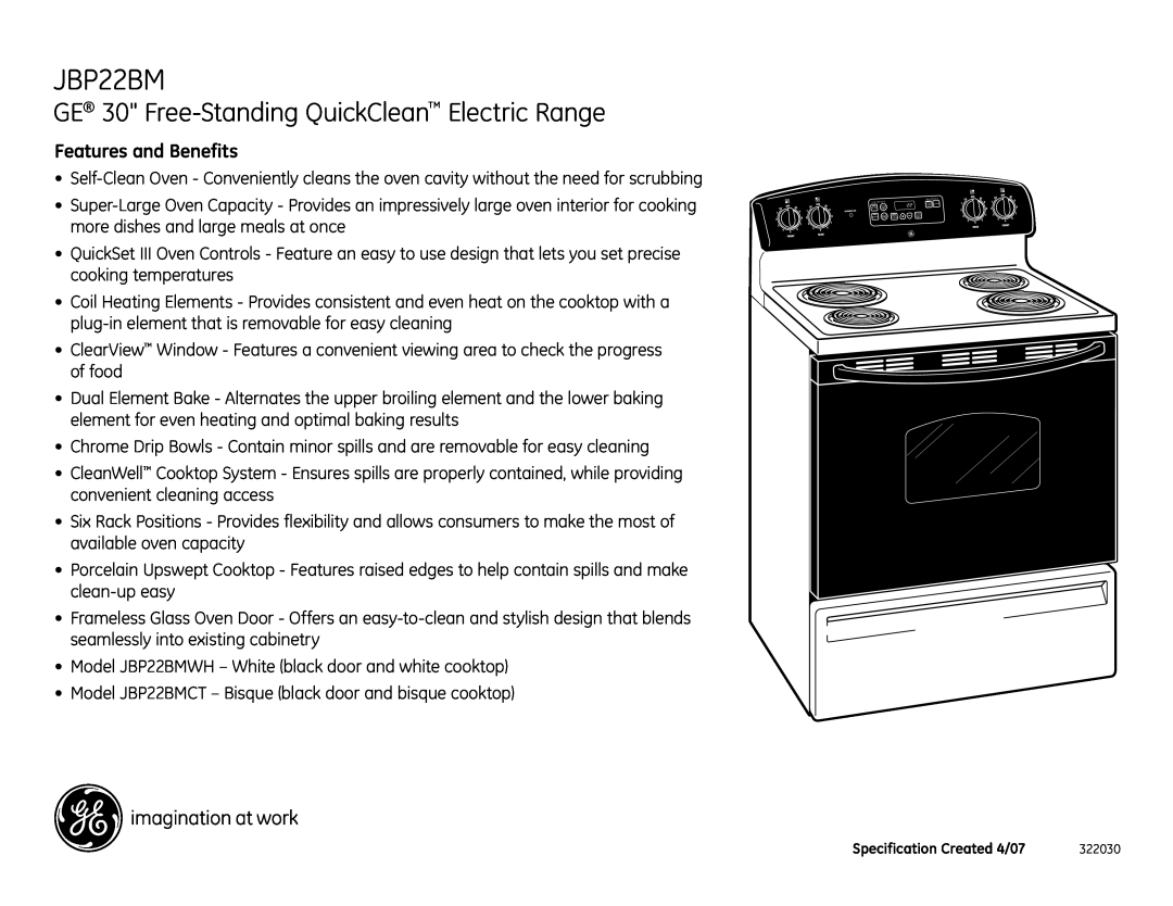 GE JBP22BM installation instructions GE 30 Free-Standing QuickClean Electric Range, Features and Benefits 