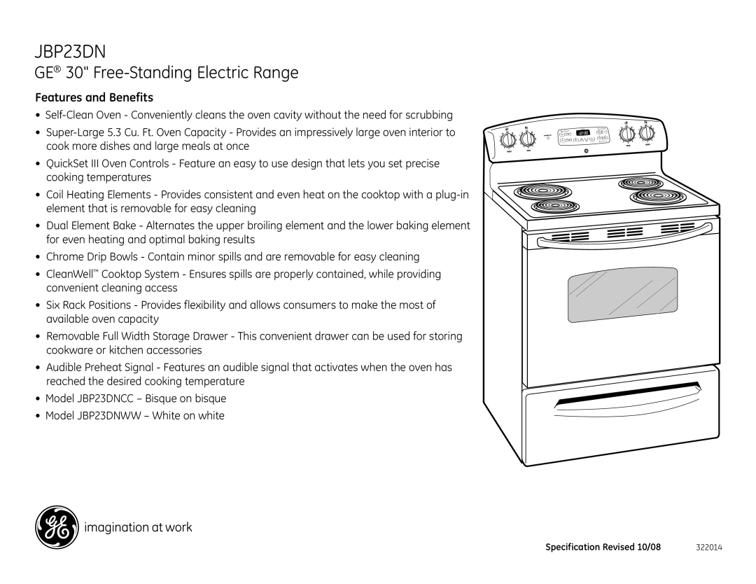 GE JBP23DM, JBP23DNCC dimensions Features and Benefits 