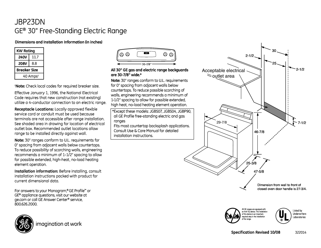 GE JBP23DN dimensions GE 30 Free-StandingElectric Range, Acceptable electrical outlet area, KW Rating, 240V, 11.7, 208V 