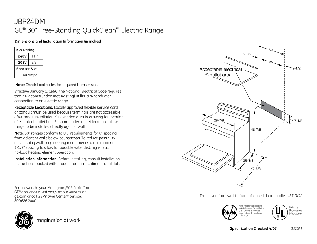 GE JBP24DMWW installation instructions GE 30 Free-Standing QuickClean Electric Range, Acceptable electrical Outlet area 