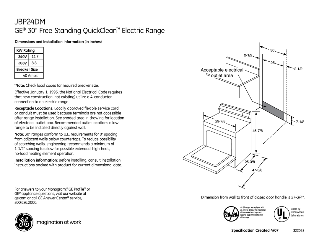 GE JBP24DMWW installation instructions GE 30 Free-Standing QuickClean Electric Range, Acceptable electrical outlet area 