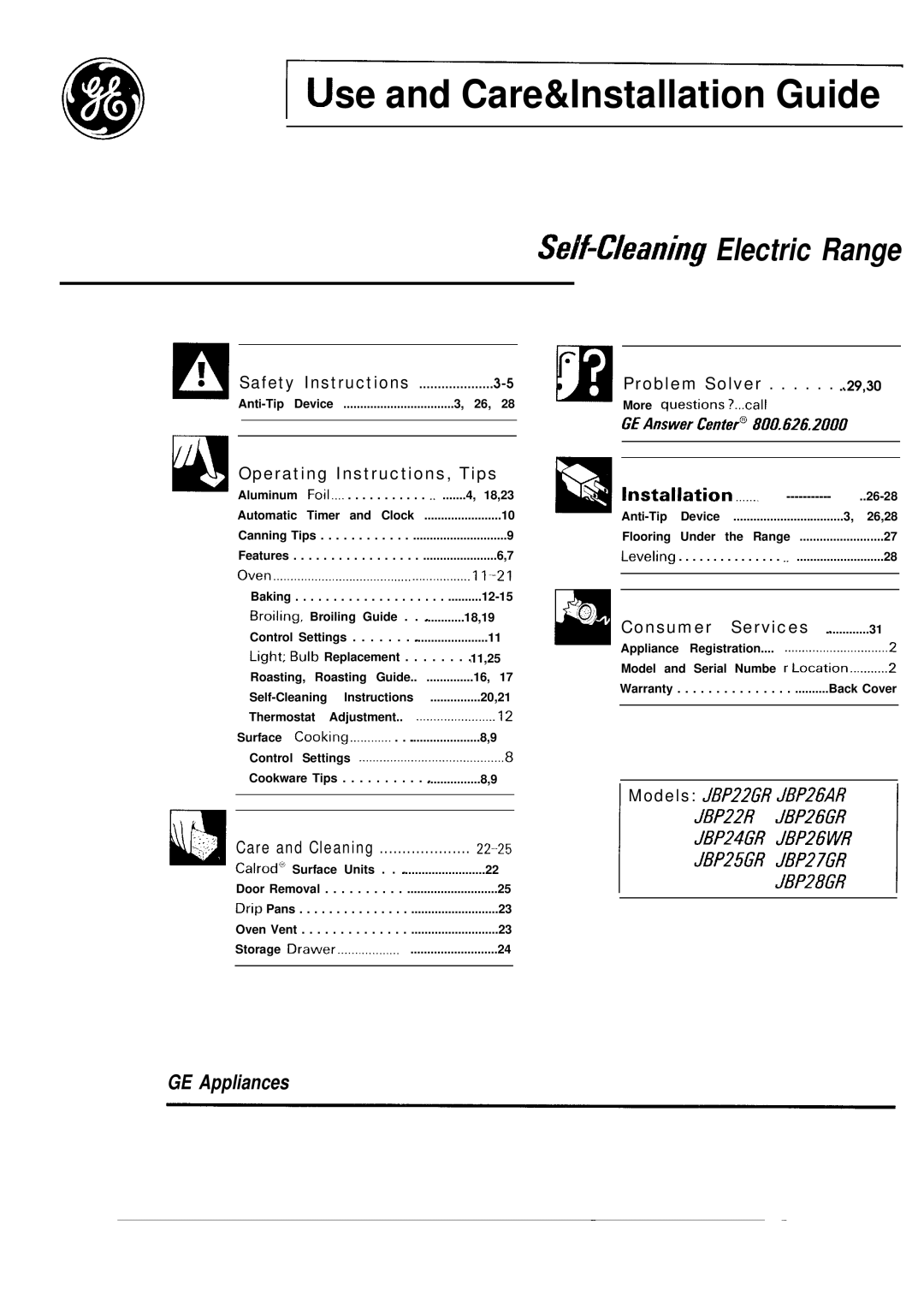 GE JBP25GR, JBP26GR, JBP26AR, JBP22R, JBP24GR, JBP22GR, JBP27GR, JBP28GR, JBP26WR warranty Se and Care&Installation Guide 