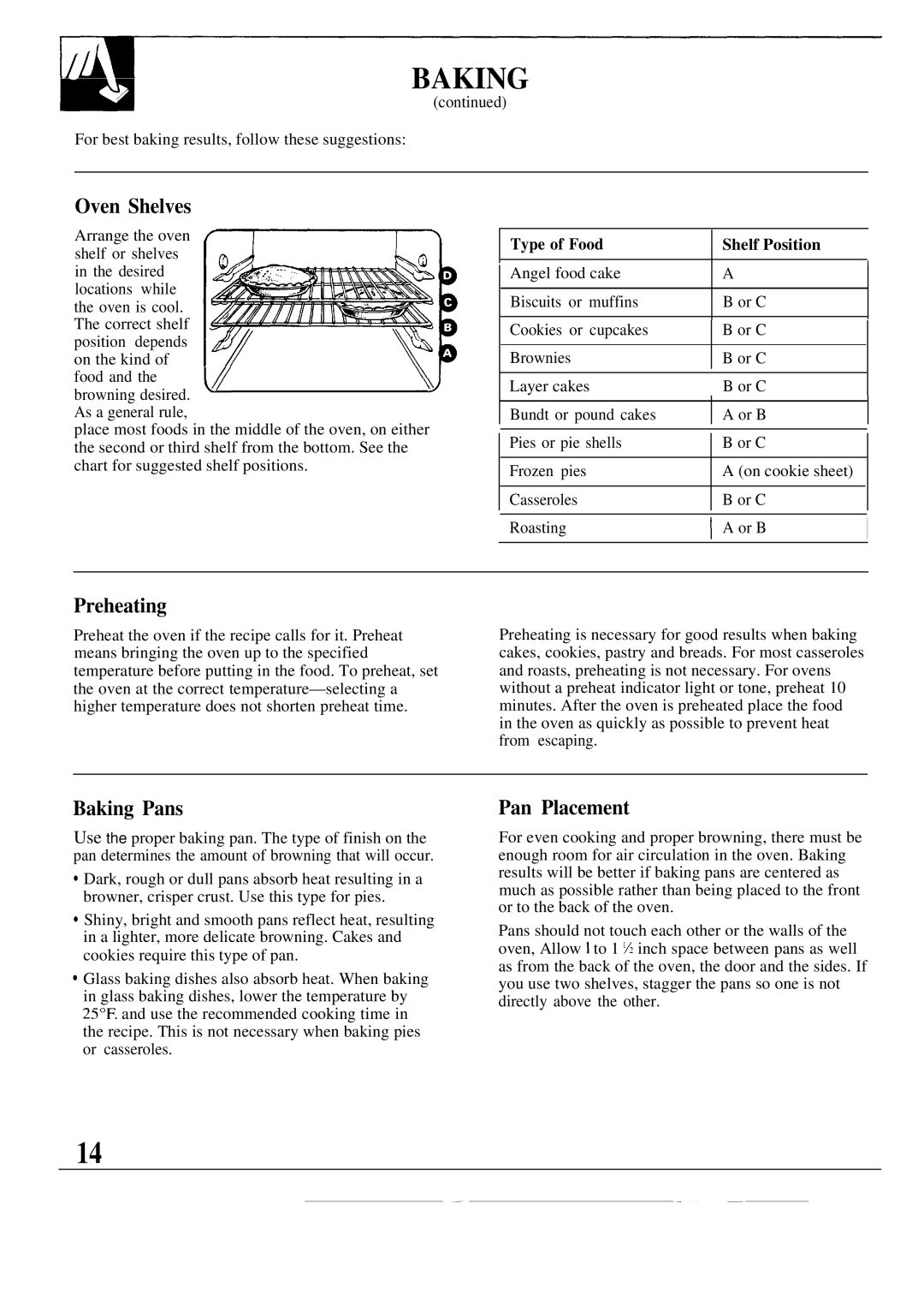 GE JBP22GR, JBP26GR, JBP25GR, JBP26AR Oven Shelves, Preheating, Baking Pans, Pan Placement, Type of Food Shelf Position 