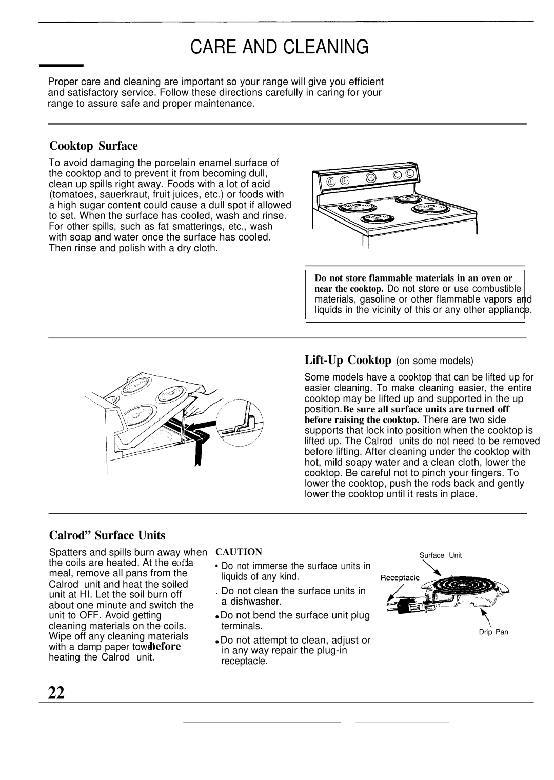 GE JBP24GR, JBP26GR, JBP25GR, JBP26AR, JBP22R, JBP22GR Cooktop Surface, Lift-Up Cooktop on some models, Calrod Surface Units 