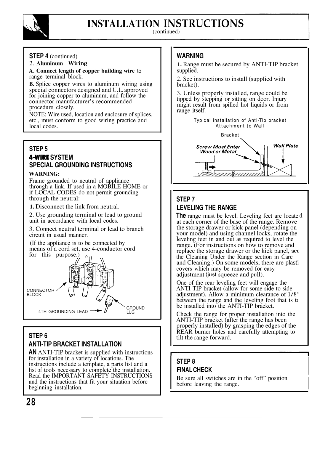 GE JBP25GR, JBP26GR, JBP26AR, JBP22R Installation Instructions, Aluminum Wiring Connect length of copper building wire to 