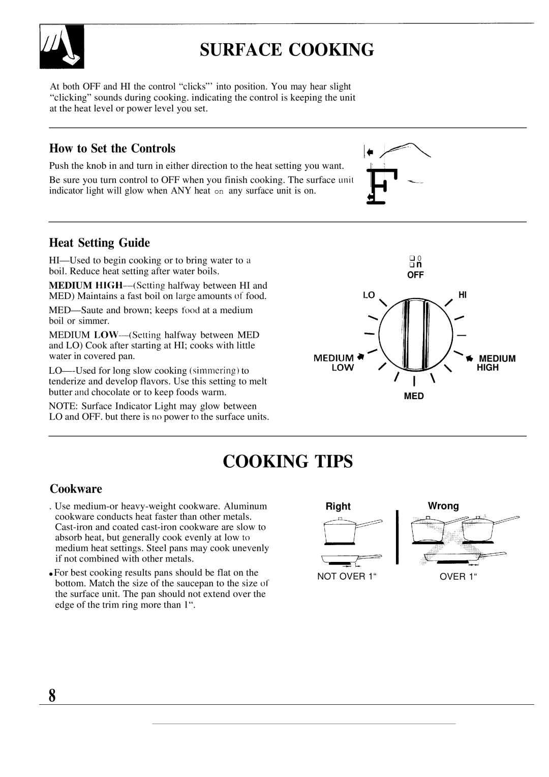 GE JBP26WR, JBP26GR, JBP25GR, JBP26AR Surface Cooking, Cooking Tips, How to Set the Controls, Heat Setting Guide, Cookware 