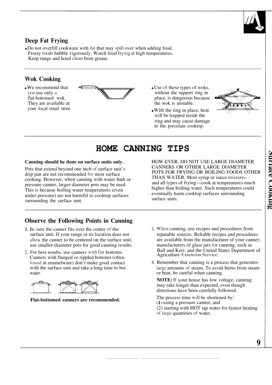 GE JBP26GR Deep Fat Frying, Wok Cooking, Observe the Following Points in Canning, Flat-bottomed canners are recommended 