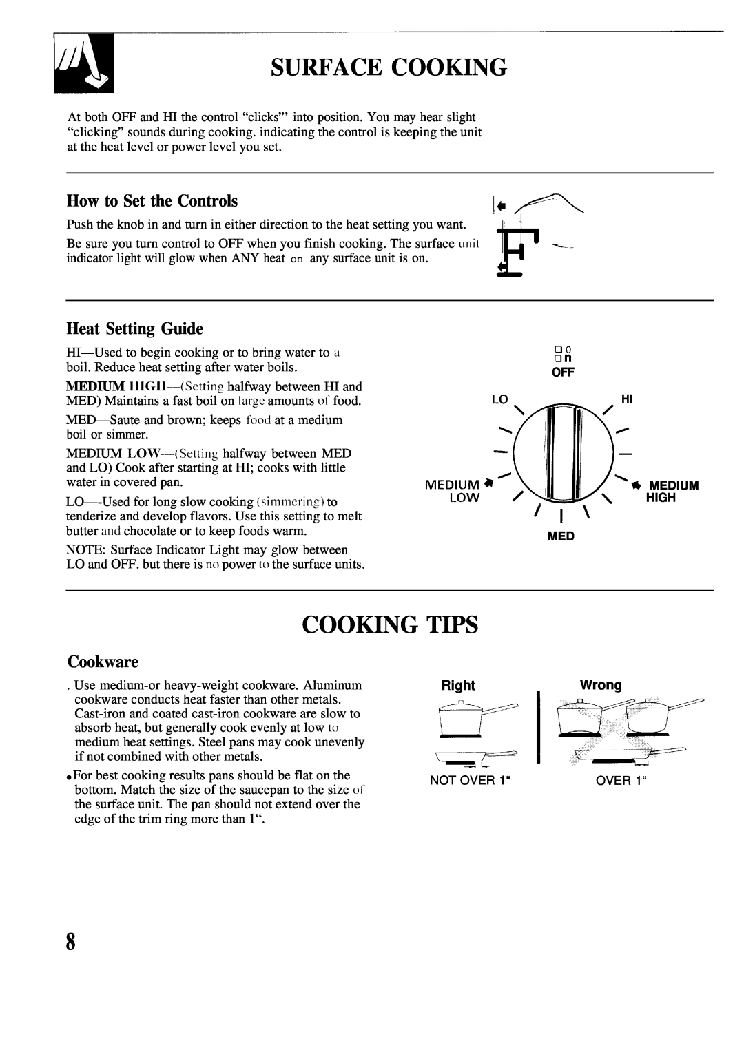 GE JBP26WR Surface Cooking, Cooking Tips, How to Set the Controls, Heat Setting Guide, Cookware, F+‘, I* a, RightWrong 