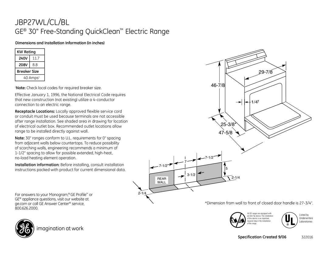 GE JBP27CL, JBP27WK installation instructions JBP27WL/CL/BL, GE 30 Free-Standing QuickClean Electric Range, Dimen of clos 