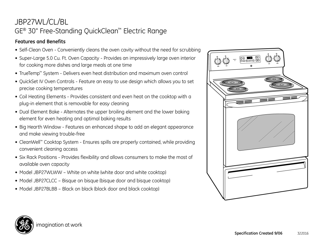 GE JBP27WLWW, JBP27WK, JBP27CK, JBP27BLBB, JBP27BK, JBP27CLCC installation instructions Features and Benefits 