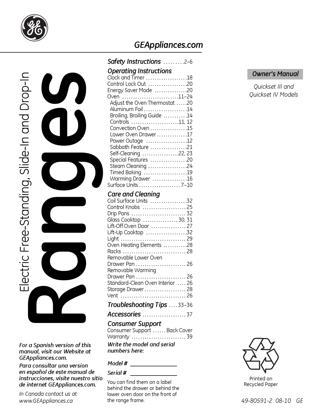 GE 49-80591-2, JBP28DRCC owner manual Write the model and serial numbers here Model # Serial #, Printed on Recycled Paper 