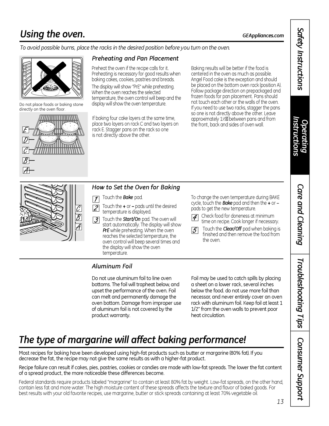 GE 49-80591-2 Using the oven, Type of margarine will affect baking performance, Troubleshooting Tips Consumer Support 