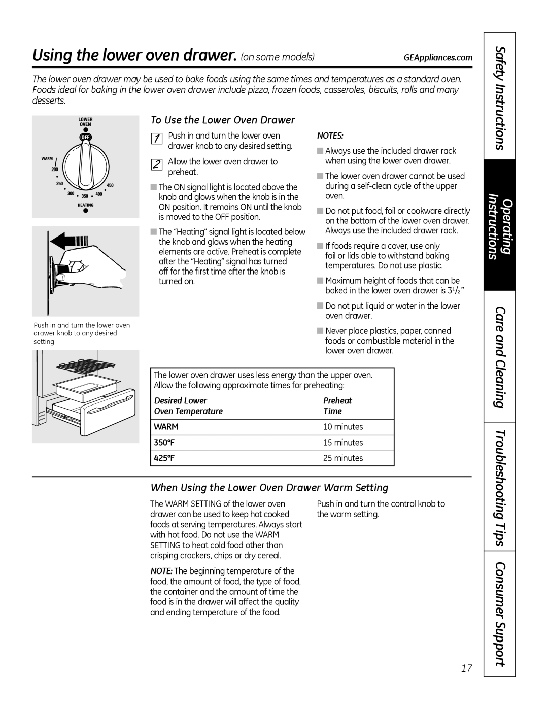 GE 49-80591-2, JBP28DRCC Using the lower oven drawer. on some models, Care, Cleaning Troubleshooting Tips Consumer Support 