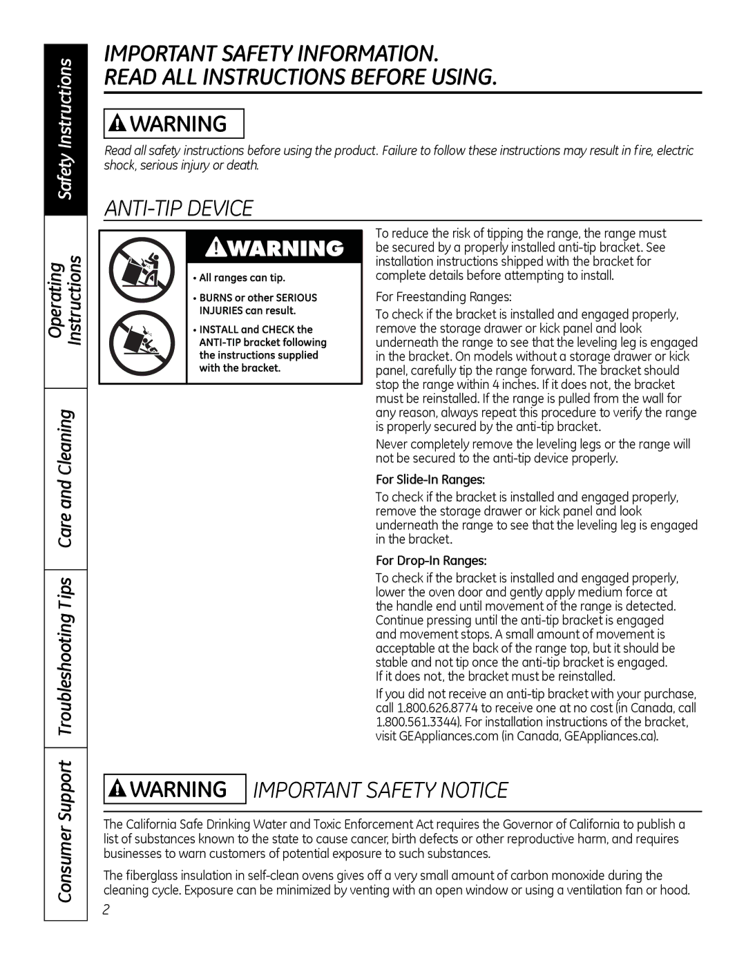 GE JBP28DRCC, 49-80591-2 owner manual ANTI-TIP Device, Safety Instructions 