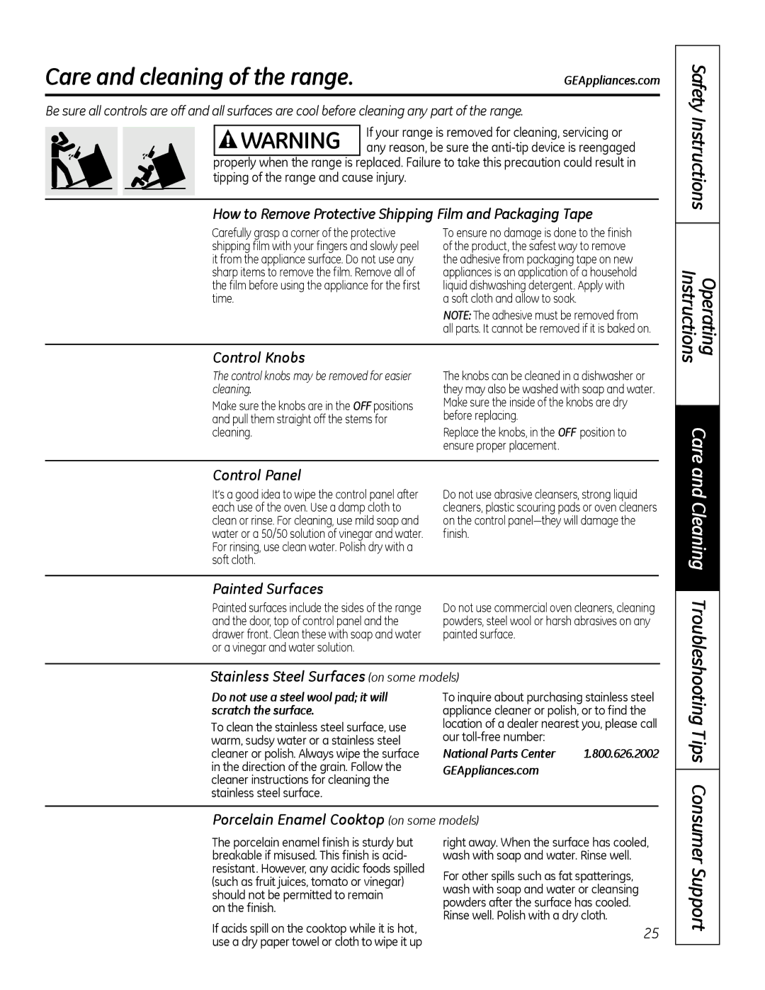 GE 49-80591-2, JBP28DRCC owner manual Care and cleaning of the range 