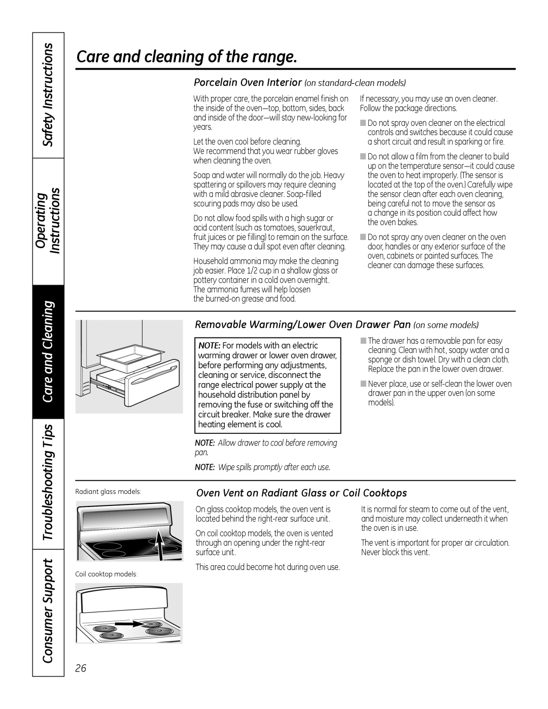 GE JBP28DRCC, 49-80591-2 Safety Operating Instructions, Tips Care, Removable Warming/Lower Oven Drawer Pan on some models 