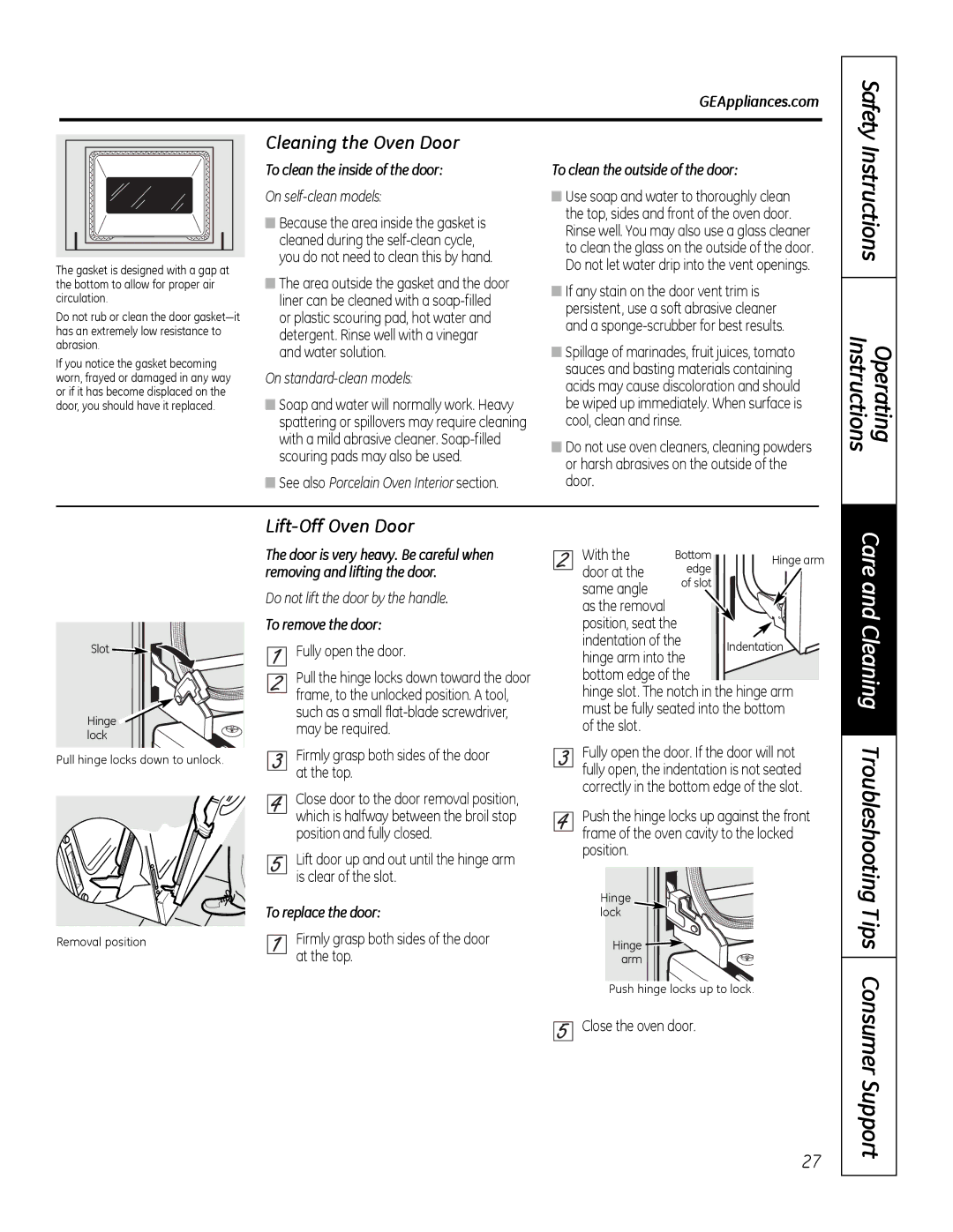 GE 49-80591-2, JBP28DRCC owner manual Cleaning the Oven Door, Lift-Off Oven Door 