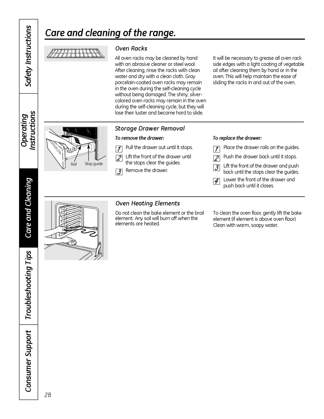 GE JBP28DRCC Oven Racks, Storage Drawer Removal, Oven Heating Elements, To remove the drawer, To replace the drawer 