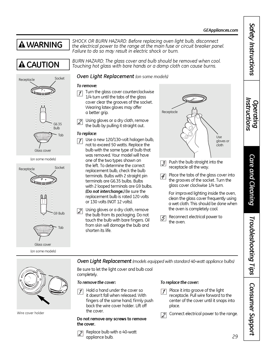 GE 49-80591-2, JBP28DRCC owner manual Care and Cleaning Troubleshooting, Oven Light Replacement on some models 