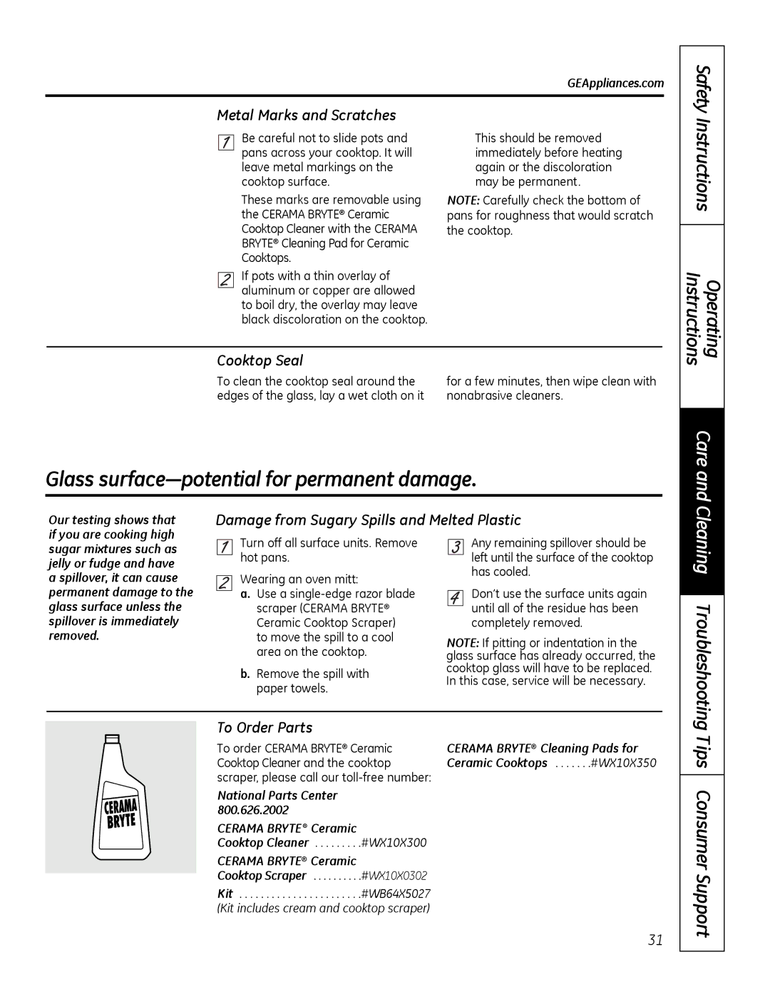 GE 49-80591-2 Safety Instructions Operating Instructions, Metal Marks and Scratches, Cooktop Seal, To Order Parts 