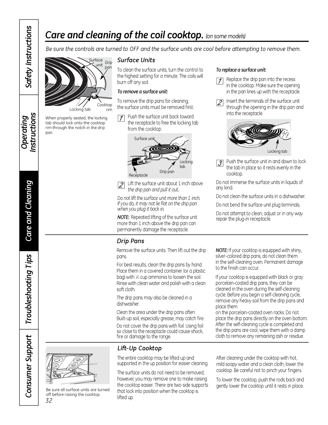 GE JBP28DRCC, 49-80591-2 Care and cleaning of the coil cooktop. on some models, Surface Units, Drip Pans, Lift-Up Cooktop 