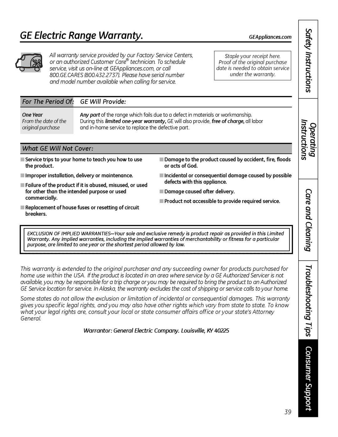 GE 49-80591-2, JBP28DRCC owner manual GE Electric Range Warranty, GE Will Provide, What GE Will Not Cover, For The Period 