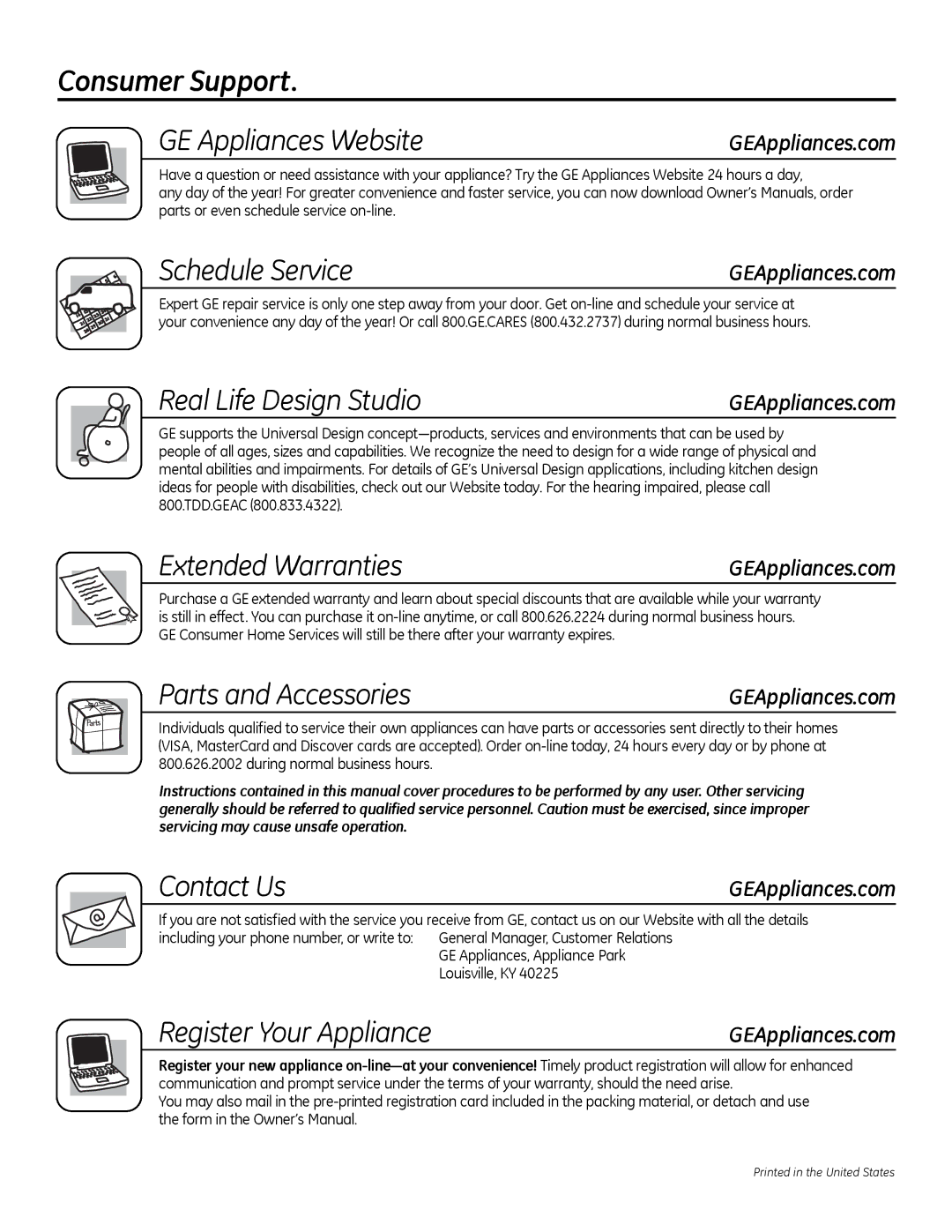 GE JBP28DRCC Consumer Support GE Appliances website, Schedule Service, Real life Design Studio, Extended warranties 