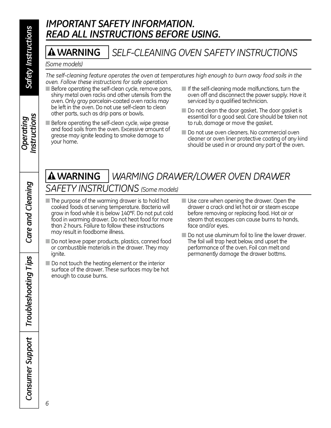 GE JBP28DRCC, 49-80591-2 owner manual Safety Instructions, Cleaning Consumer Support Troubleshooting Tips Care 