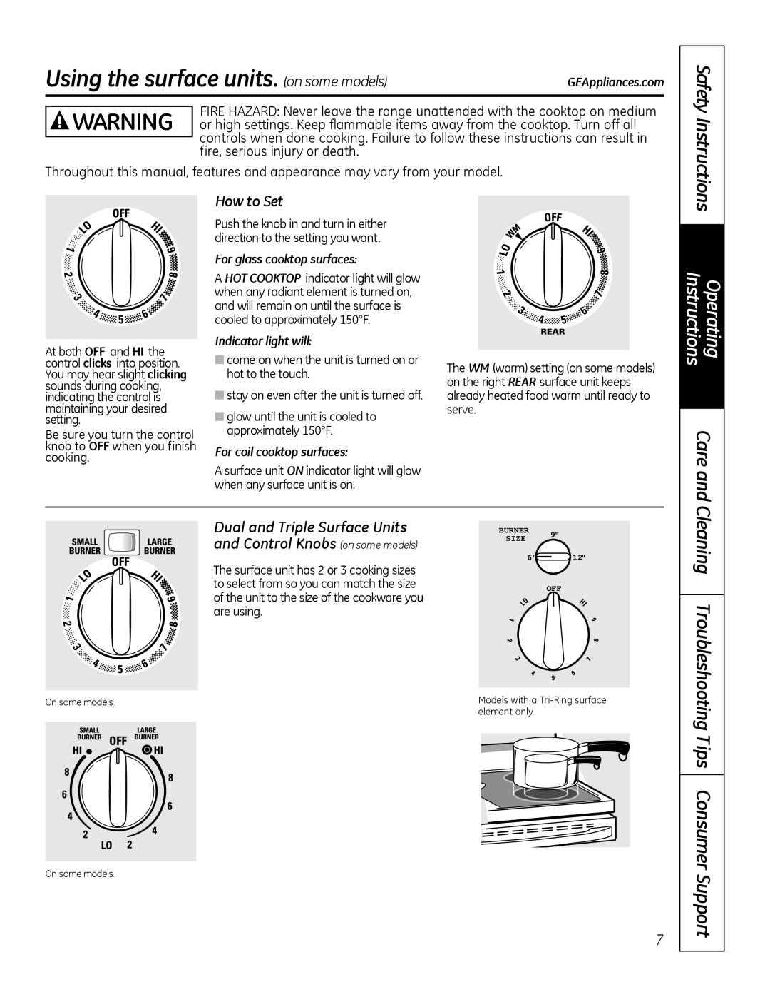 GE 49-80591-2 Using the surface units. on some models, How to Set, For glass cooktop surfaces, Indicator light will 