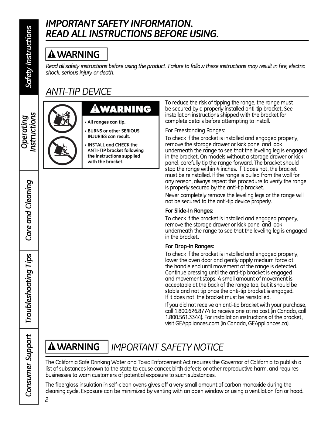 GE JBP28DRCC Important Safety Information Read All Instructions Before Using, Anti-Tip Device, Safety Instructions 