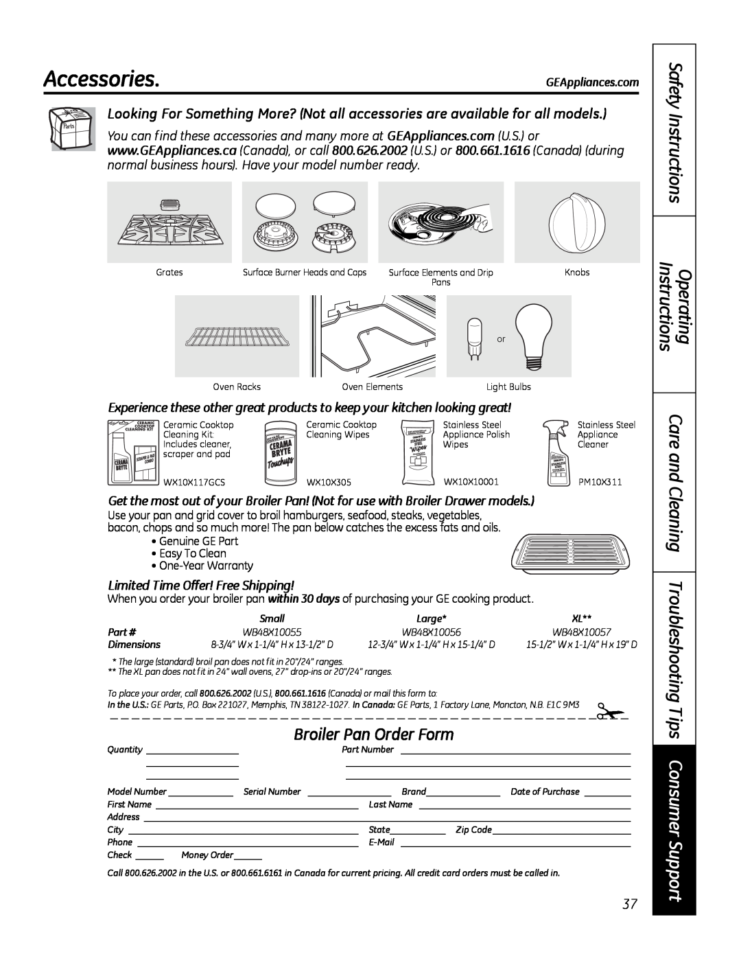 GE 49-80591-2, JBP28DRCC owner manual Accessories, Broiler Pan Order Form, Safety Instructions Operating Instructions 